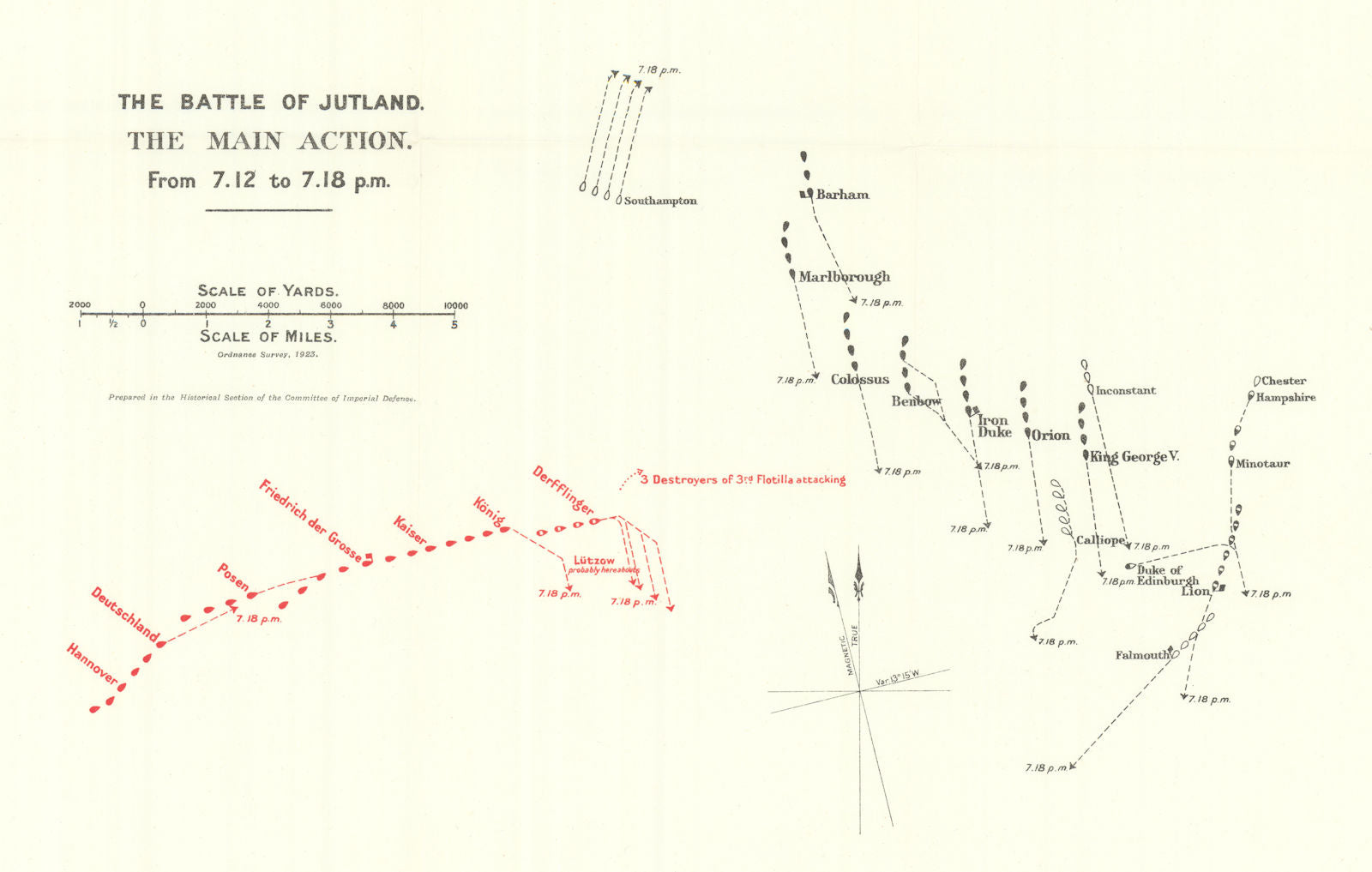 Battle of Jutland. Main Action. 7.12-7.18 pm 31 May 1916. WW1. 1923 old map